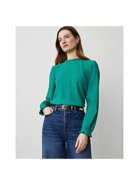 Ann Taylor Green Pleated Ruffle Blouson Sleeve Popover Top XXL NEW